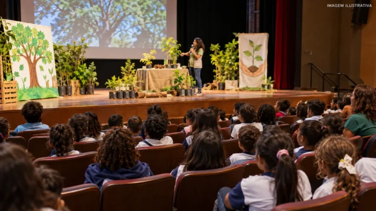 Alunos de Ibirité participam de atividade educativa sobre cuidado ambiental no teatro municipal