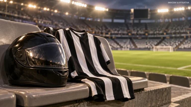 Ilustração de capacete de motoboy e camisa alvinegra em estádio para homenagem do Atlético