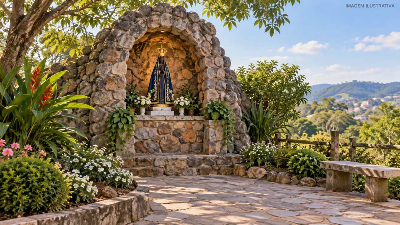 Representação ilustrativa de uma gruta devocional de Nossa Senhora Aparecida com jardim.