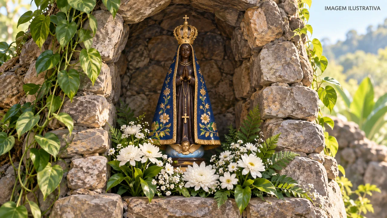 Ilustração de Nossa Senhora Aparecida em nicho de pedras, cercada de flores.