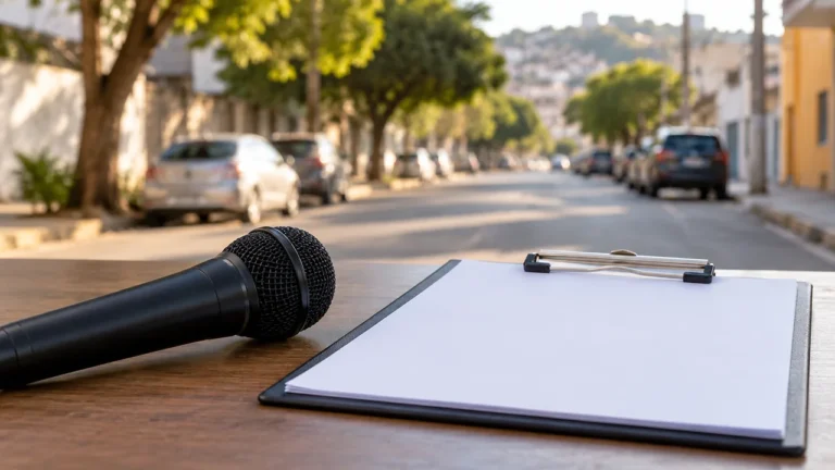 Microfone e prancheta em cenário urbano genérico, ilustração de agenda pública