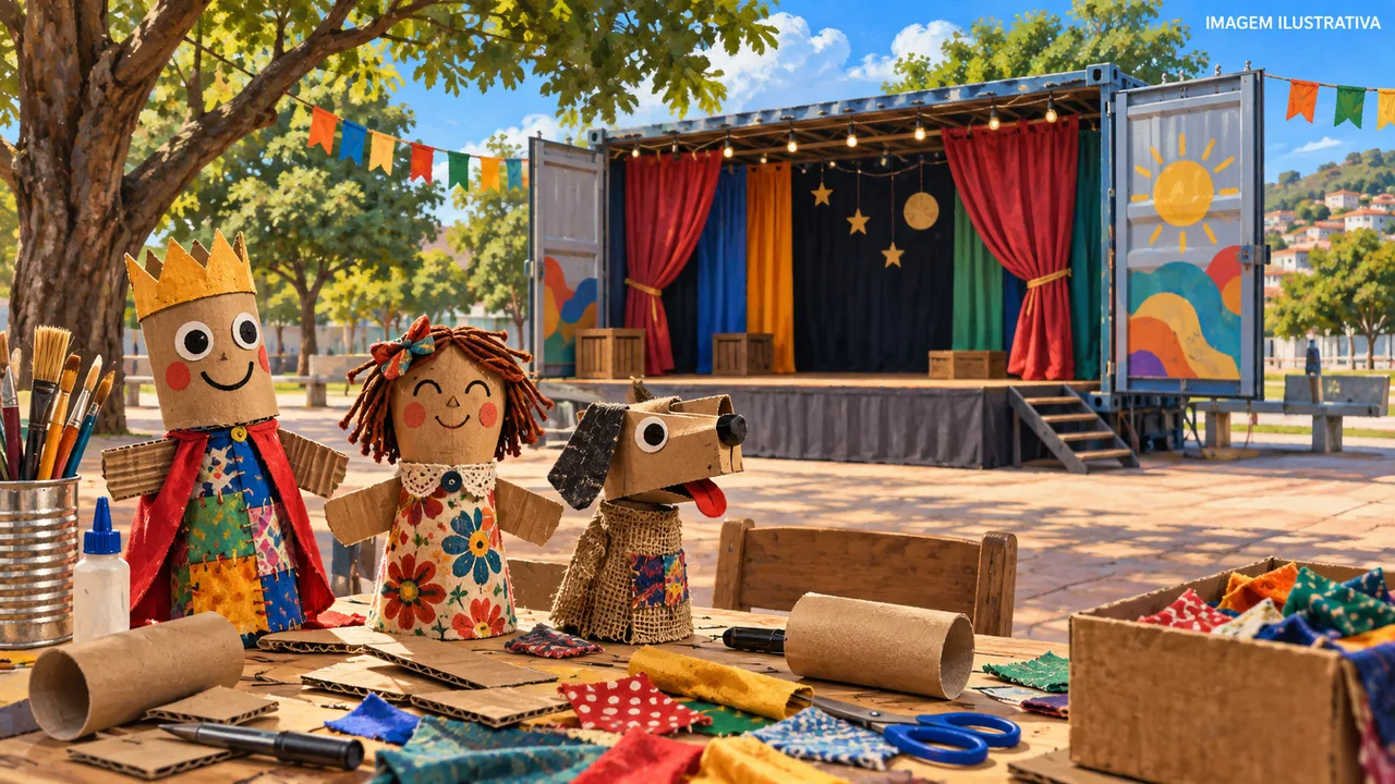 Ilustração de bonecos feitos de materiais reutilizados e palco itinerante genérico.