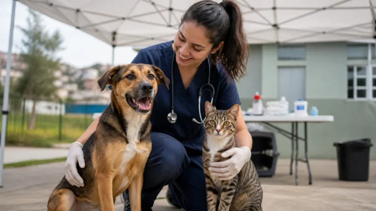 Cão e gato acompanhados por profissional veterinária em campanha de castração