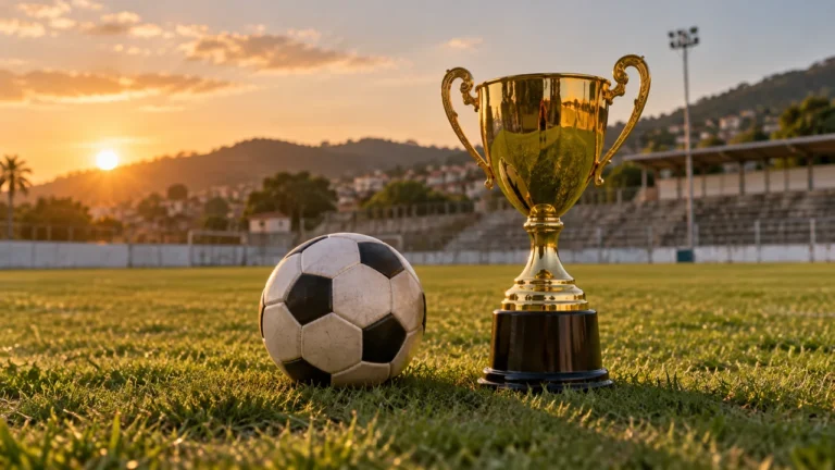 Bola e troféu em campo de futebol, ilustração do bicampeonato do Itaminense