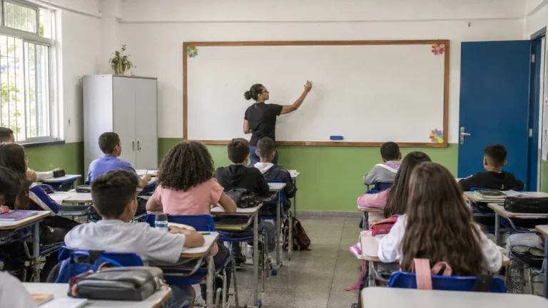 Alunos e professora em sala de aula representando a educação municipal de Sarzedo