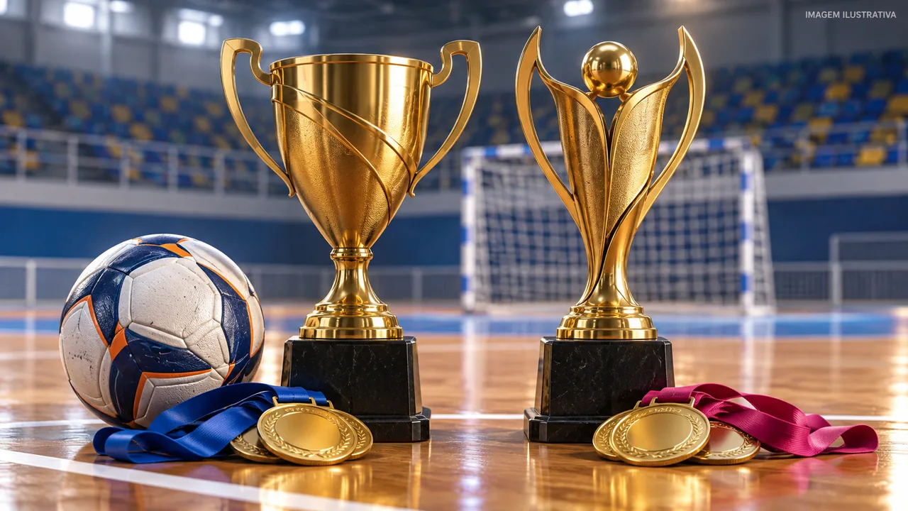 Ilustração de bola de futsal, dois troféus e medalhas em uma quadra.