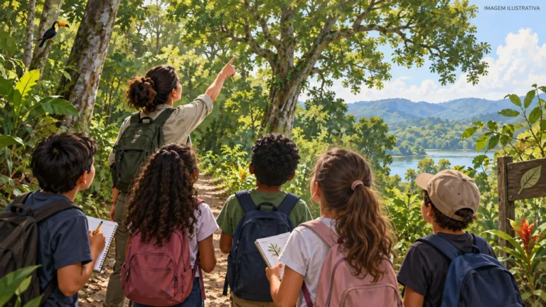 Ilustração de estudantes acompanhando uma educadora em uma trilha arborizada.