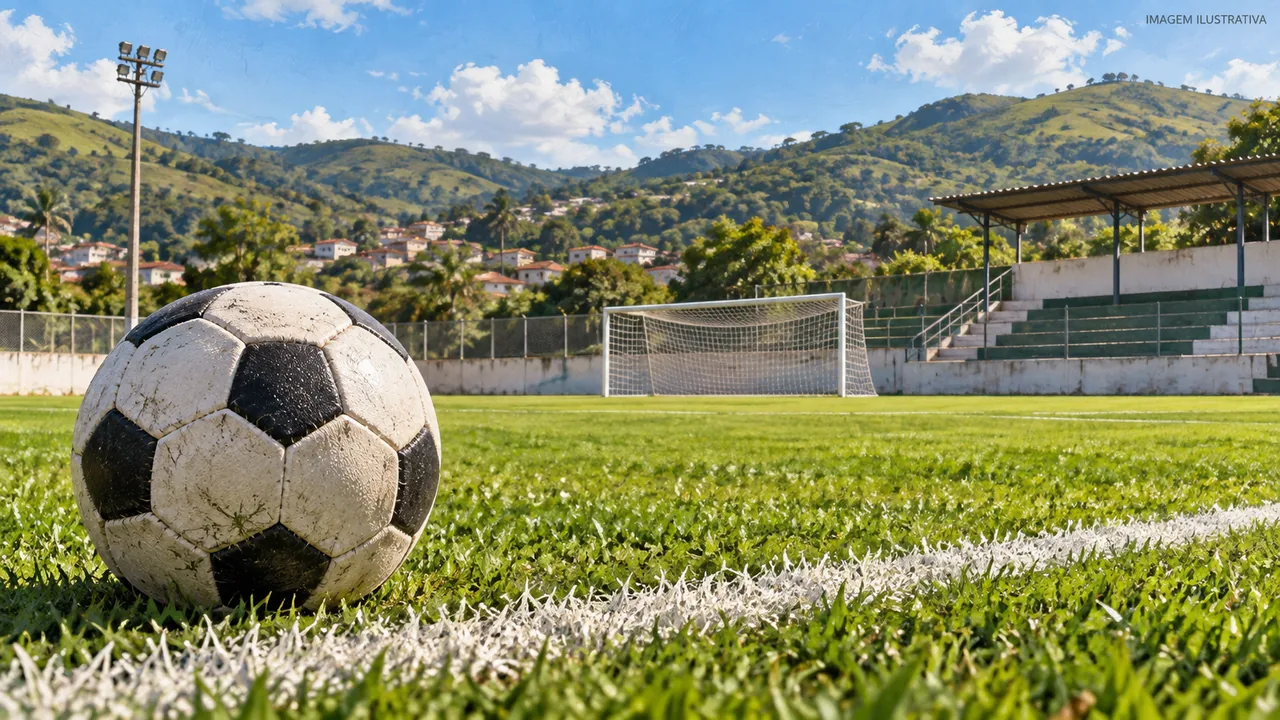 Ilustração de bola de futebol sobre o gramado de um campo amador.