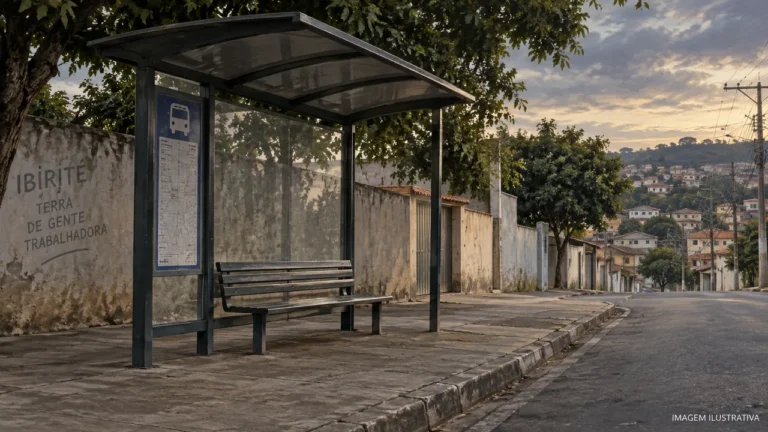 Ilustração de um ponto de ônibus vazio em bairro urbano; imagem ilustrativa da notícia de Ibirité.