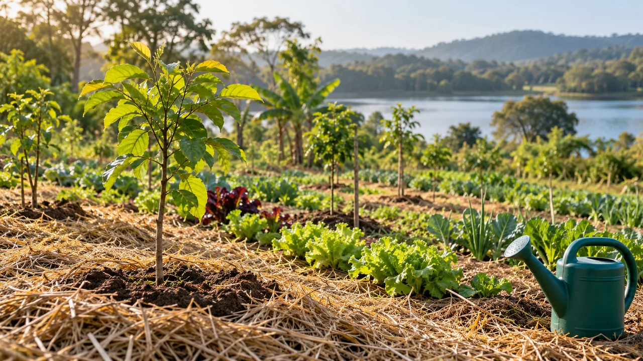 Mudas e cultivos em agrofloresta junto a lago genérico