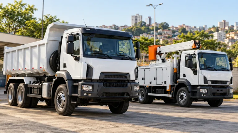 Dois caminhões genéricos em pátio, ilustração de infraestrutura municipal