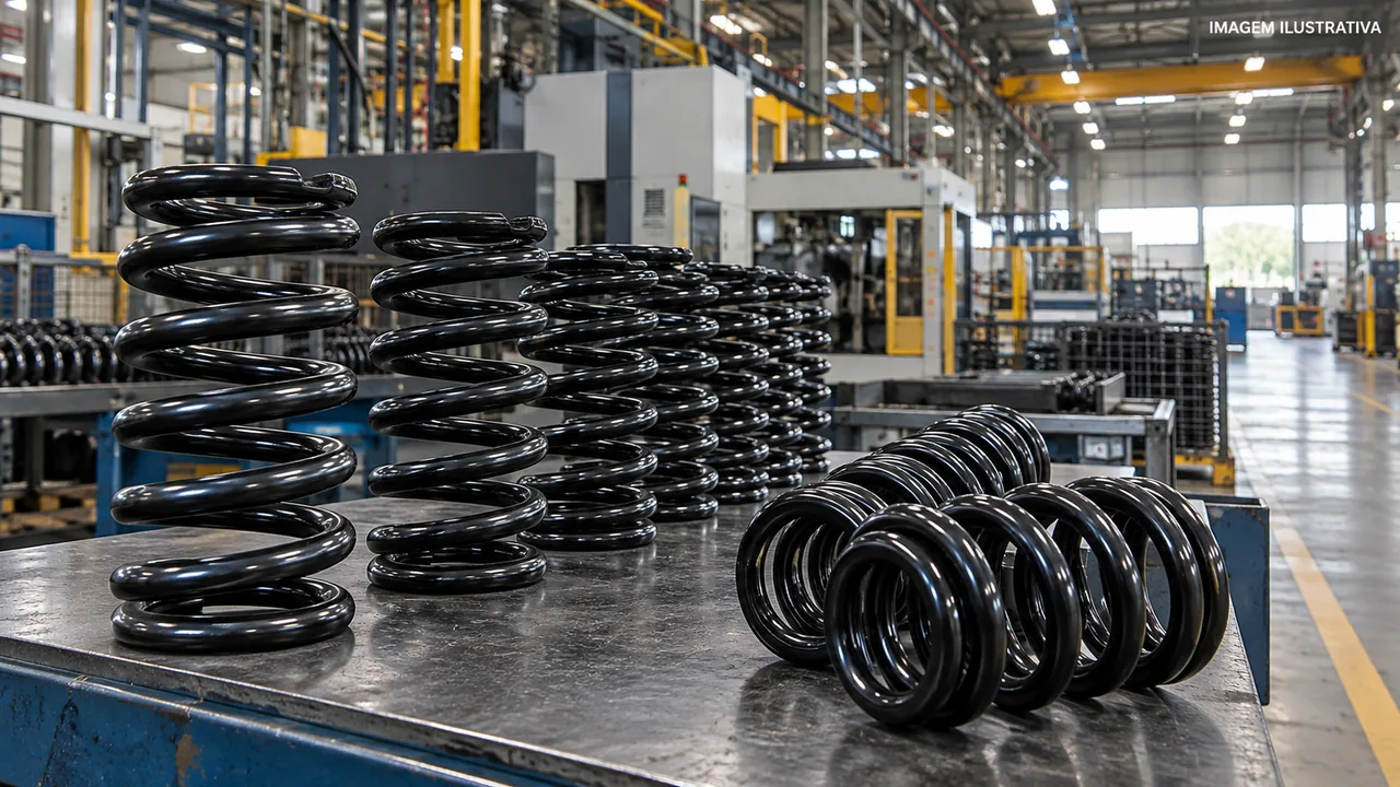 Molas de suspensão automotiva em fábrica genérica, em imagem ilustrativa gerada por IA.