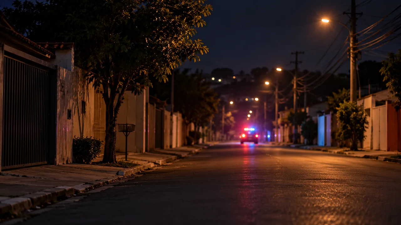 Rua residencial genérica com viatura desfocada ao fundo