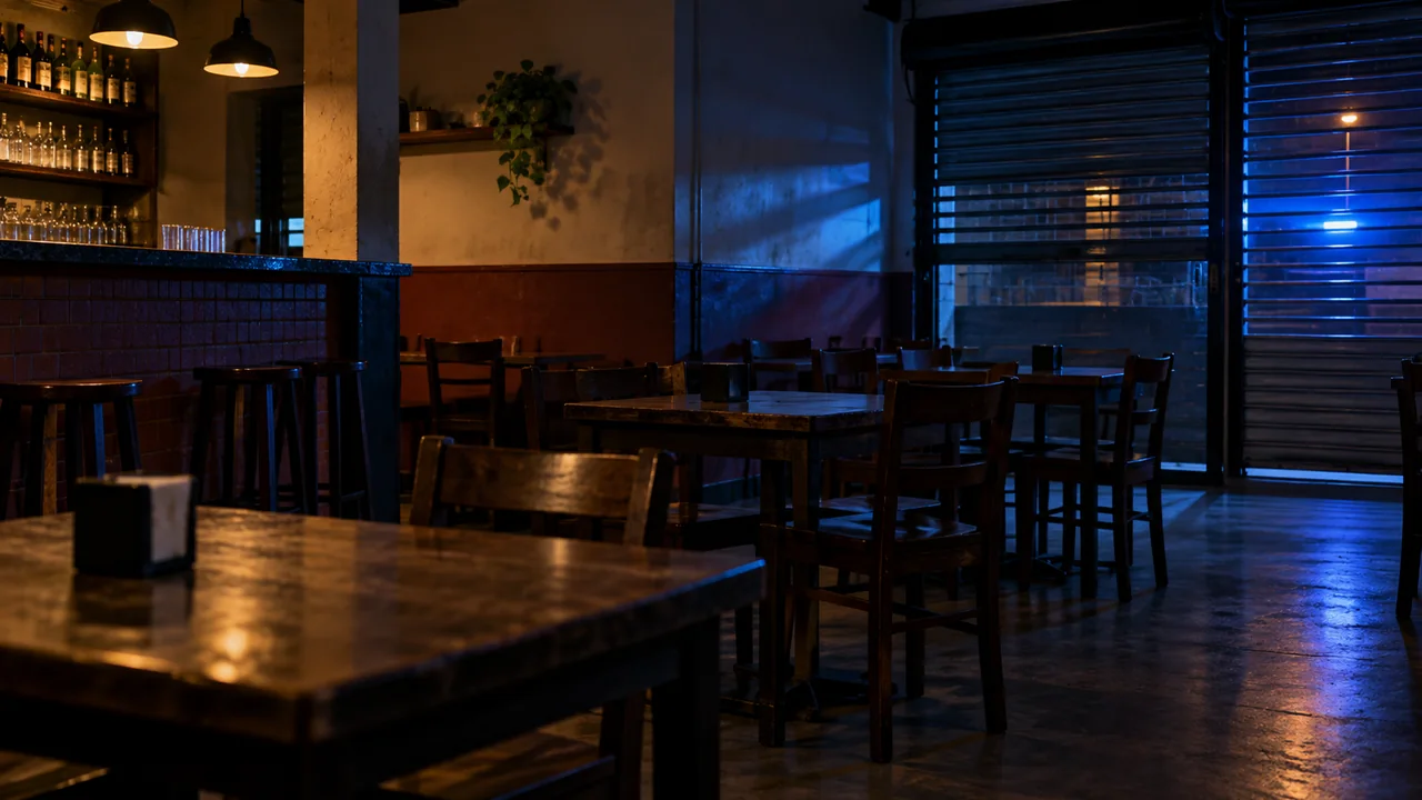 Bar genérico vazio com reflexo de iluminação policial
