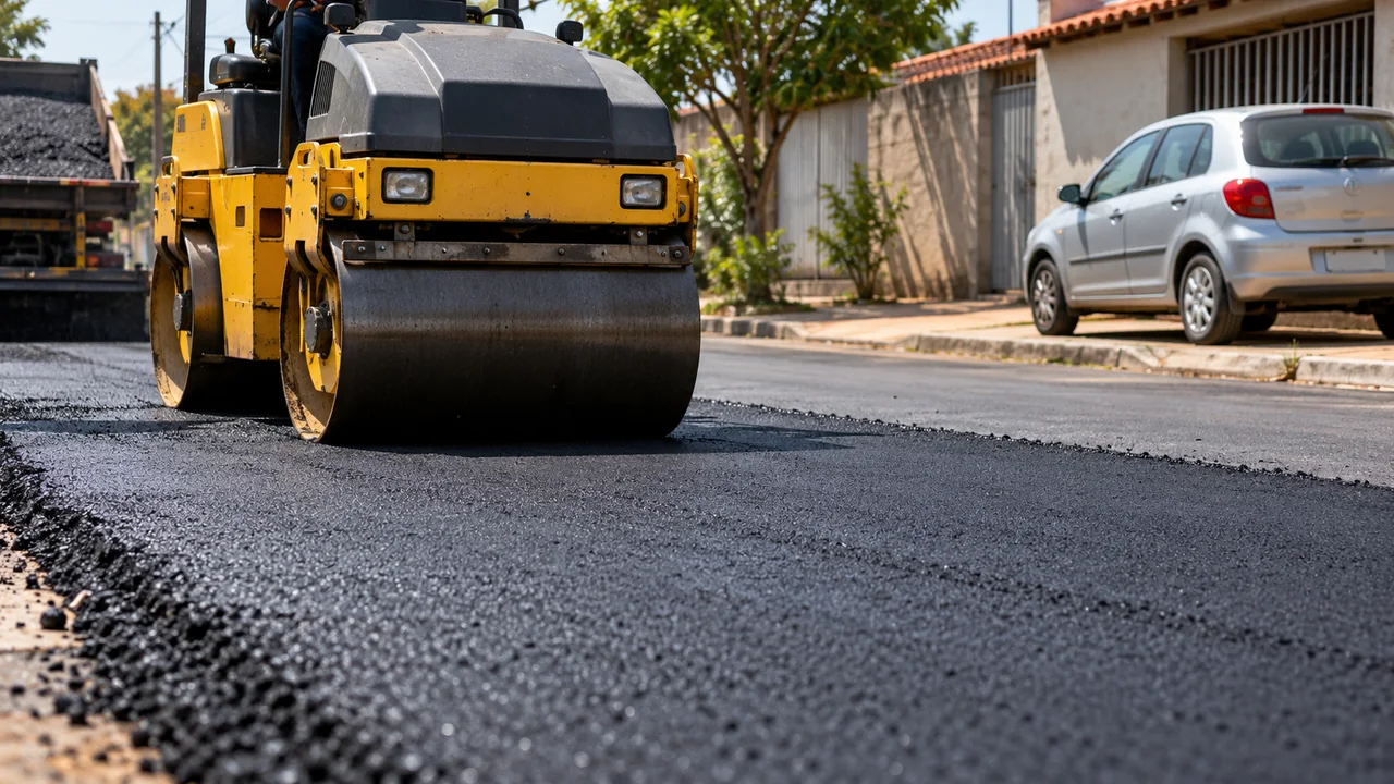 Rolo compactador em rua genérica, ilustração de recapeamento