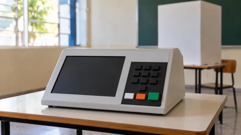 Equipamento genérico de votação em sala escolar, ilustração sobre eleições